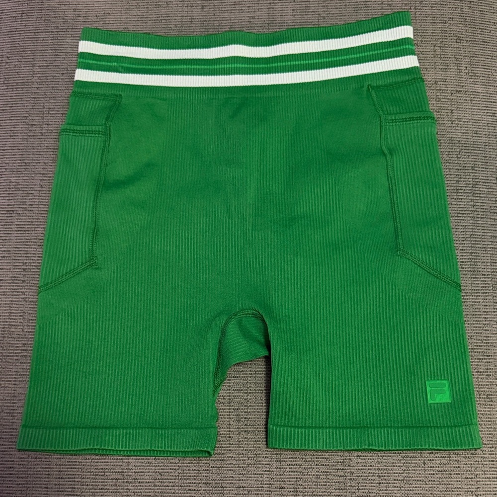 Fila Green Bike Shorts with White-Striped Waistband